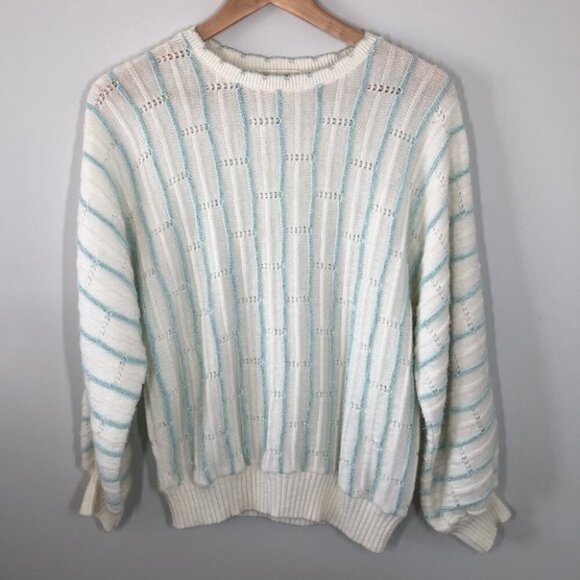 VINTAGE White Balloon Sleeve Knit Sweater with Metallic Blue Stripes - Picture 1 of 6
